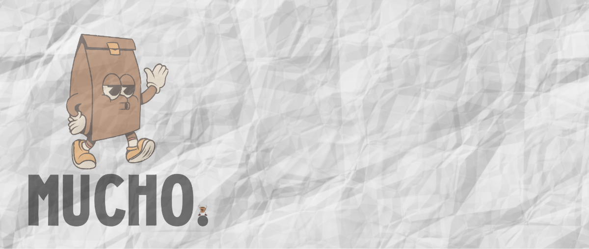 Cartoon coffee bag character with 'MUCHO' text on a textured white background